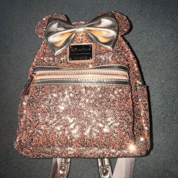 DISNEY PARKS LOUNGEFLY ROSE GOLD SEQUIN MINNIE MOUSE BACKPACK BAG - NWOT - Picture 1 of 15